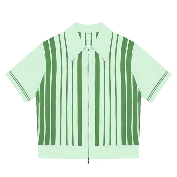 short sleeve vertical stripe zip knit polo light green