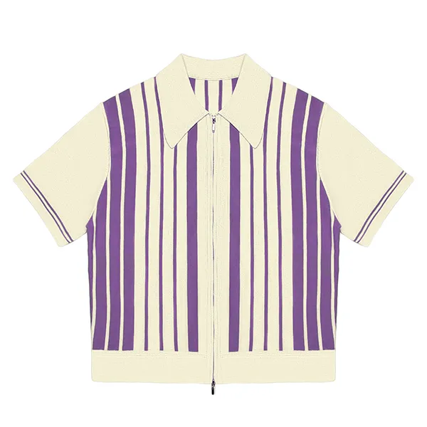 short sleeve vertical stripe zip knit polo purple