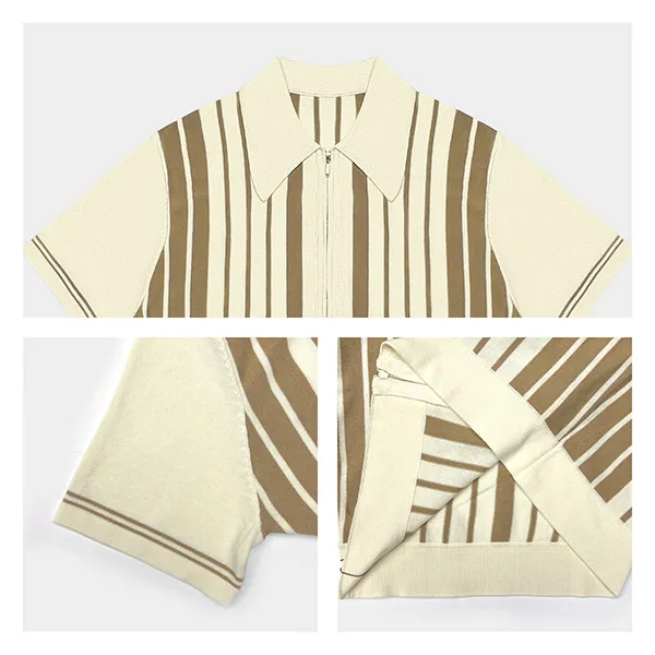 short sleeve vertical stripe zip knit polo knitting details