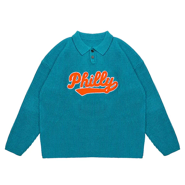 relaxed ribbed knit polo with script embroidery cyan