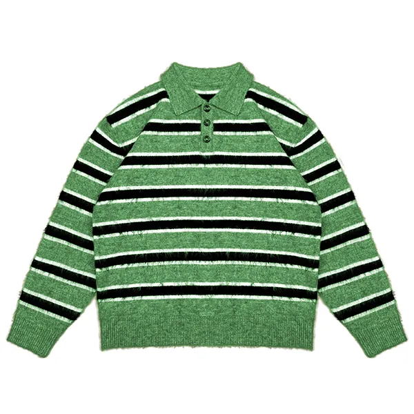 relaxed fuzzy striped knit polo sweater green