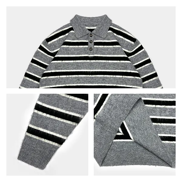 relaxed fuzzy striped knit polo sweater knitting details