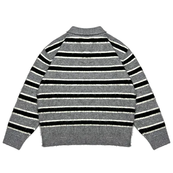 relaxed fuzzy striped knit polo sweater back