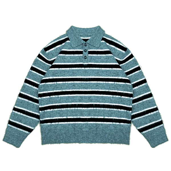 relaxed fuzzy striped knit polo sweater blue