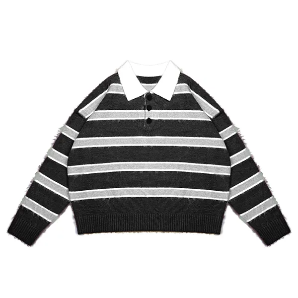 relaxed fuzzy striped knit polo with contrast collar black