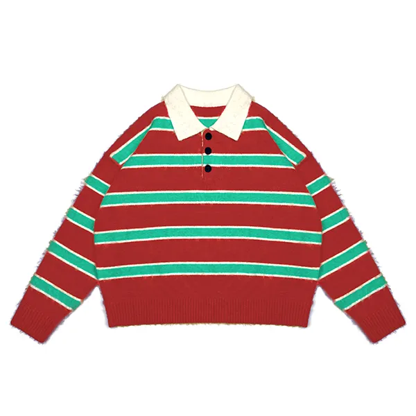 relaxed fuzzy striped knit polo with contrast collar red