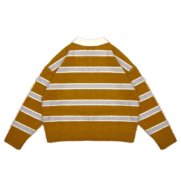 relaxed fuzzy striped knit polo with contrast collar back