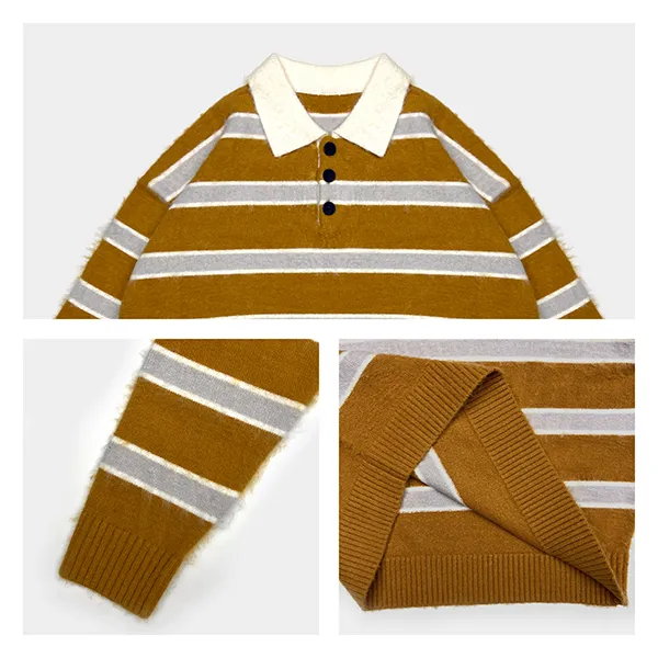 relaxed fuzzy striped knit polo with contrast collar knitting details