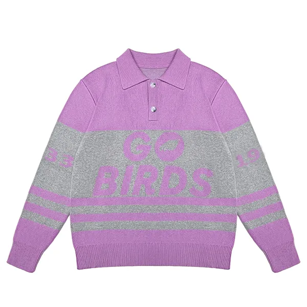 varsity jacquard knit polo with ribbed cuffs purple