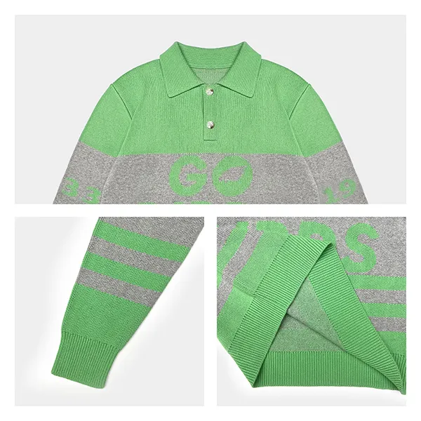 varsity jacquard knit polo with ribbed cuffs knitting details