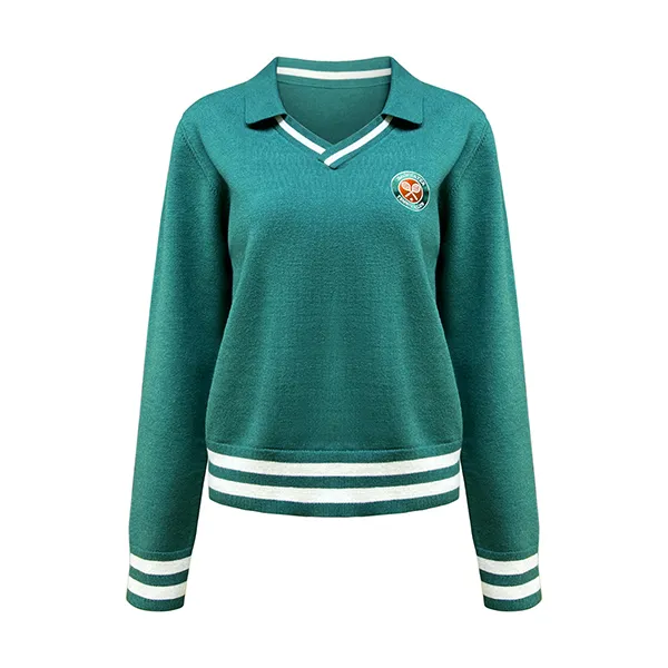 v neck varsity knit pullover with emblem patch cyan