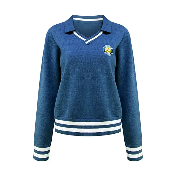 v neck varsity knit pullover with emblem patch blue