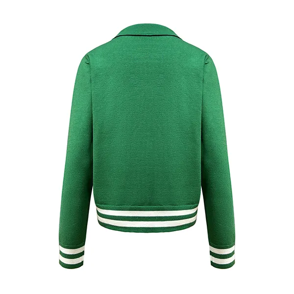 v neck varsity knit pullover with emblem patch back