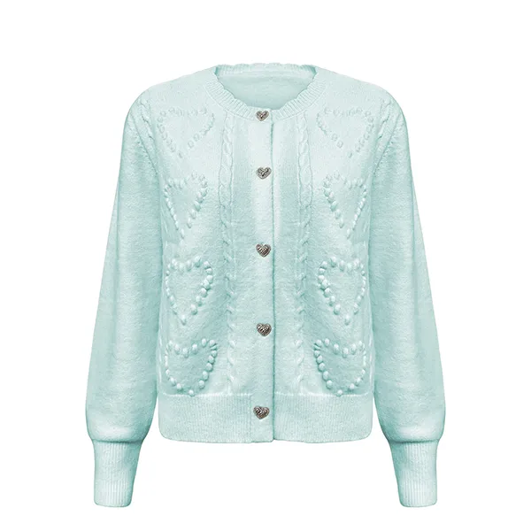 heart bobble knit cardigan with metal buttons blue