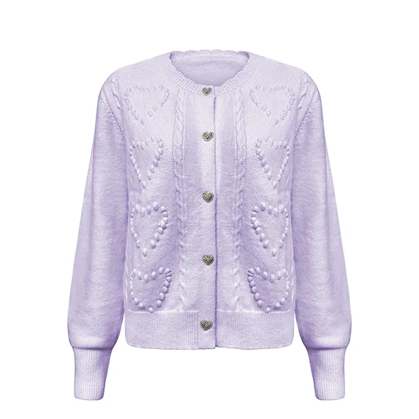 heart bobble knit cardigan with metal buttons purple