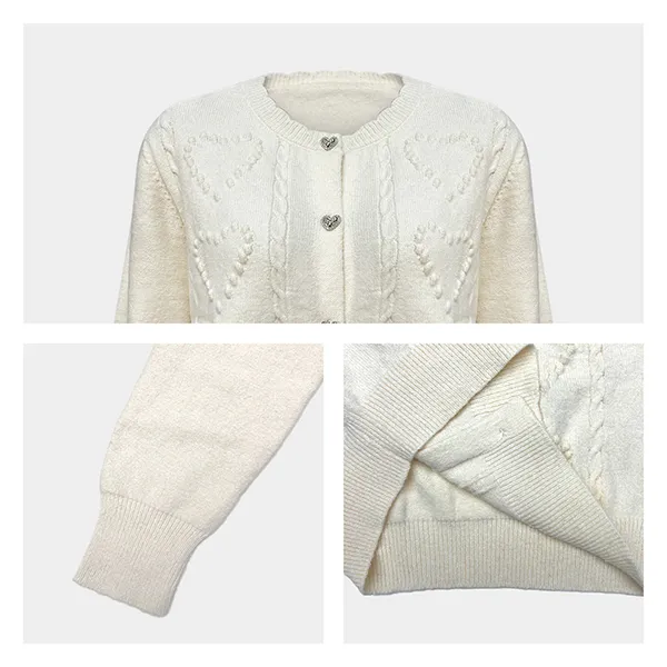 heart bobble knit cardigan with metal buttons knitting details