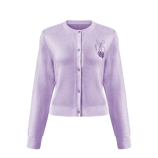 crew neck cherry embroidered knit cardigan purple