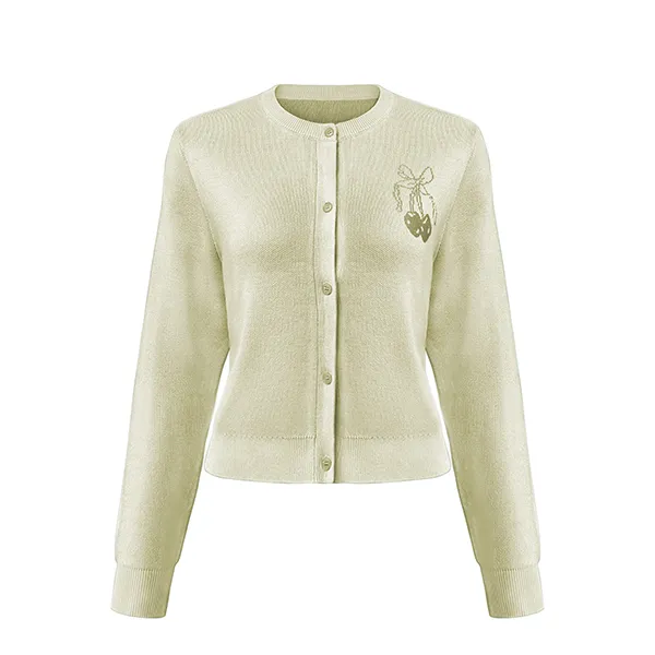 crew neck cherry embroidered knit cardigan yellow
