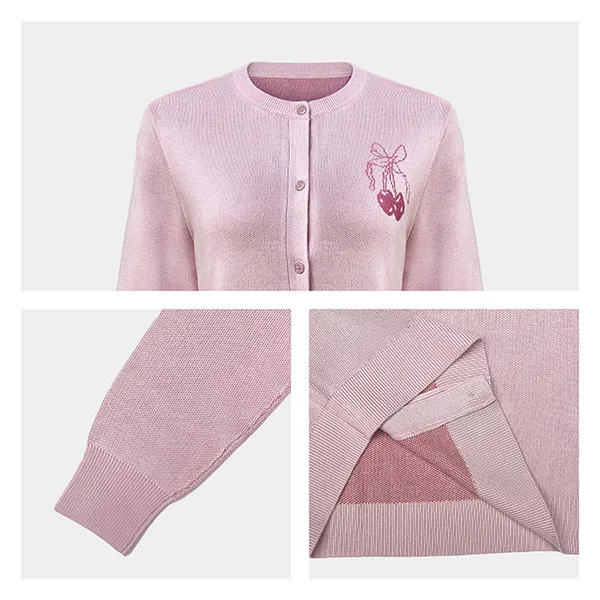 crew neck cherry embroidered knit cardigan knitting details