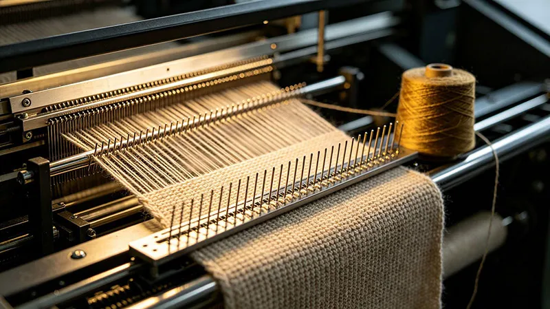 Precision flat knitting machine with yarn cone in fine gauge garment manufacturing