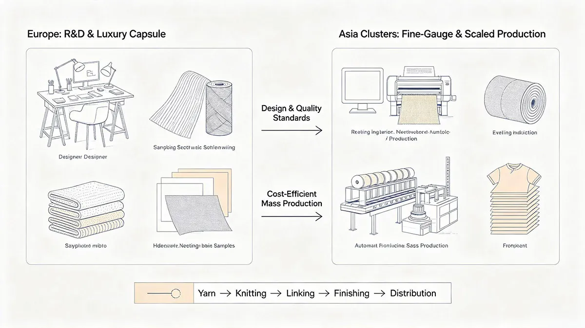 Hybrid sourcing model comparing European luxury R&D with Asian fine gauge mass production