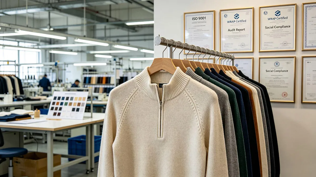 Premium knitted quarter-zip sweaters in OEM factory showroom with ISO 9001 and WRAP certificates