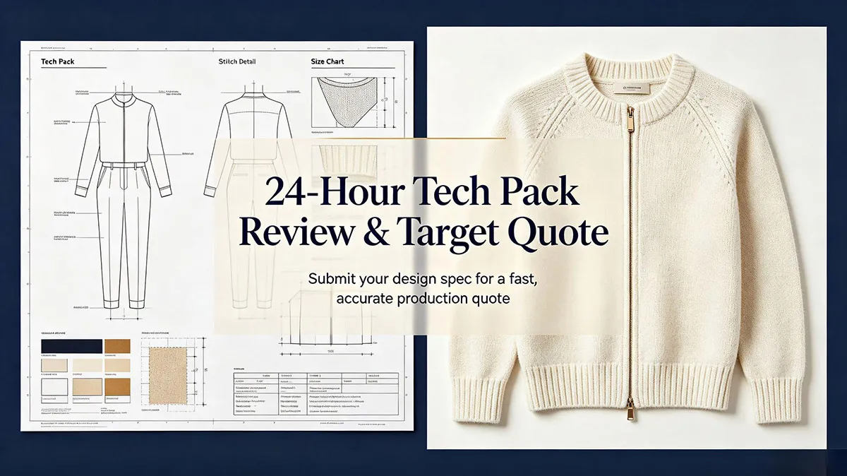 Apparel tech pack review and target FOB quote banner with full zip knit cardigan spec