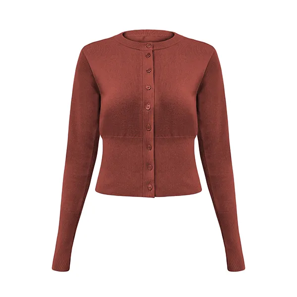 red cropped fine knit button cardigan