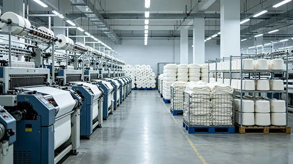 Modern knitwear factory workshop with knitting machines and raw yarn stock for sweater manufacturing
