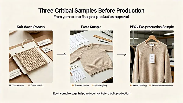 Three key knitwear sampling stages Knit-down swatch, Proto sample, and Pre-production sample
