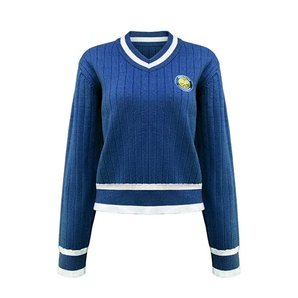 blue v neck ribbed knit pullover with striped trims and patch