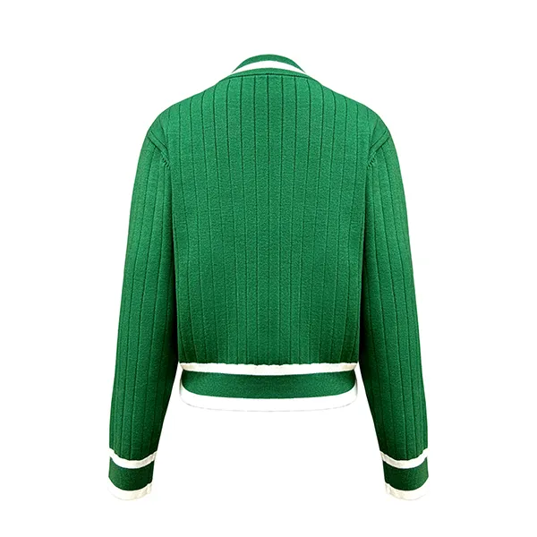 v neck ribbed knit pullover with striped trims and patch back