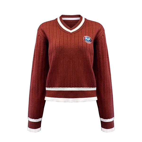 red v neck ribbed knit pullover with striped trims and patch