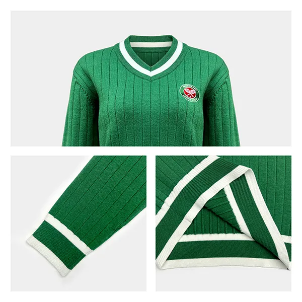 v neck ribbed knit pullover with striped trims and patch knitting details