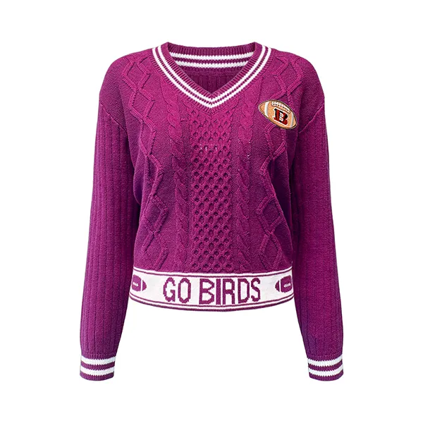 purple cropped v-neck cable pointelle pullover