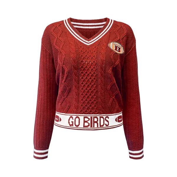 red cropped v-neck cable pointelle pullover
