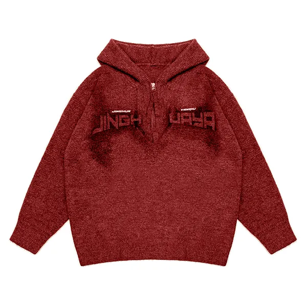 red half zip hooded knit pullover with jacquard graphic
