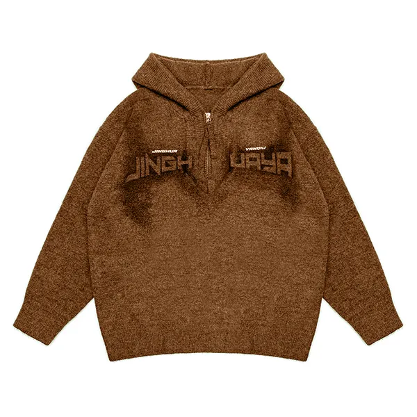 brown half zip hooded knit pullover with jacquard graphic