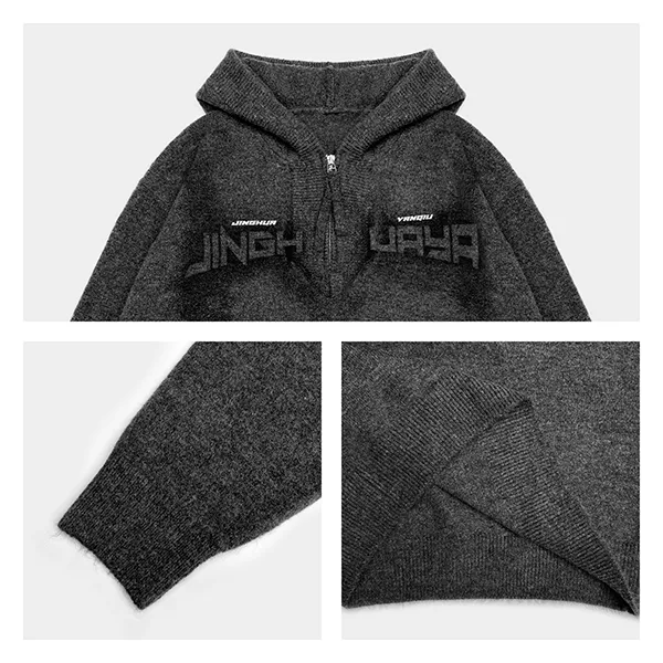 half zip hooded knit pullover with jacquard graphic knitting details