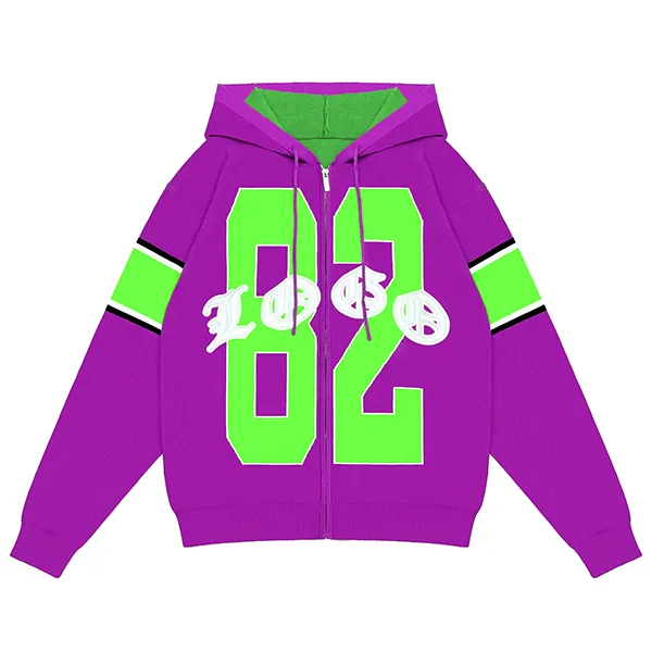 purple drop shoulder full zip varsity hoodie with applique numbers