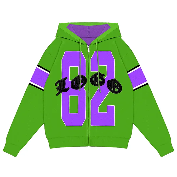 green drop shoulder full zip varsity hoodie with applique numbers