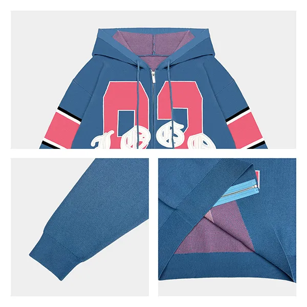 drop shoulder full zip varsity hoodie with applique numbers knitting details