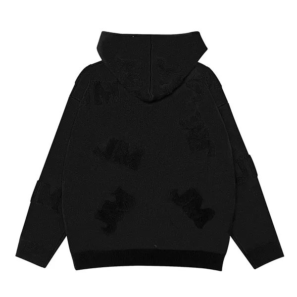 full zip knit hoodie with jacquard lettering back