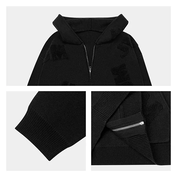 full zip knit hoodie with jacquard lettering knitting details