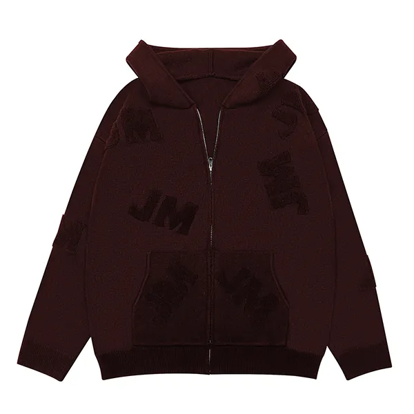 red full zip knit hoodie with jacquard lettering