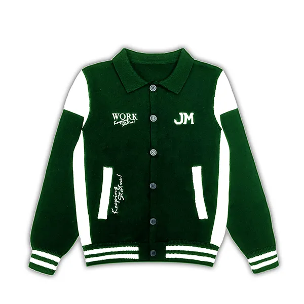 green varsity knit button-down jacket with graphic text