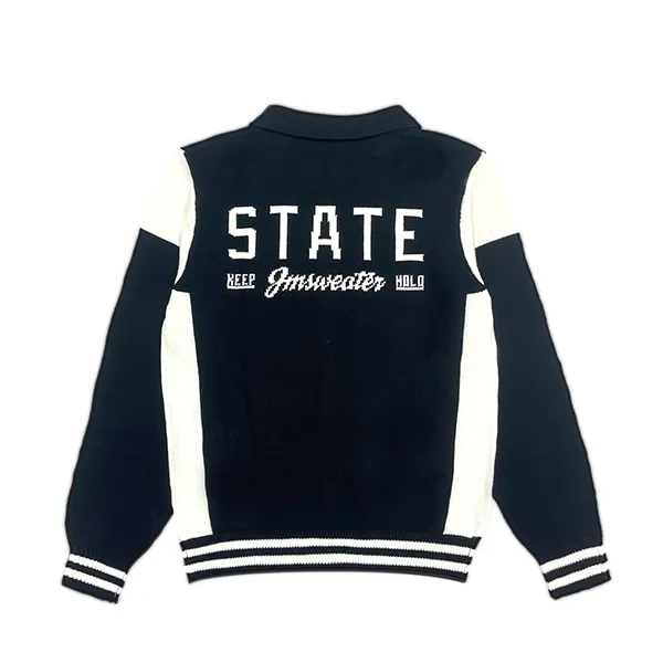 varsity knit button-down jacket with graphic text back