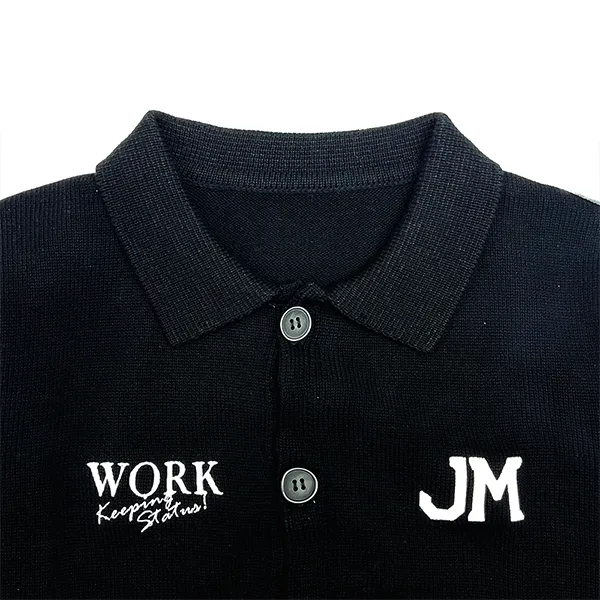 varsity knit button-down jacket with graphic text knitting details