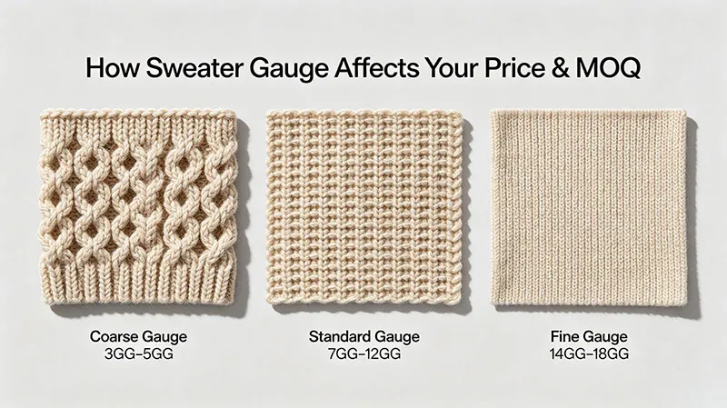 Comparison of knitwear sweater gauges from 3GG coarse gauge to 18GG fine gauge
