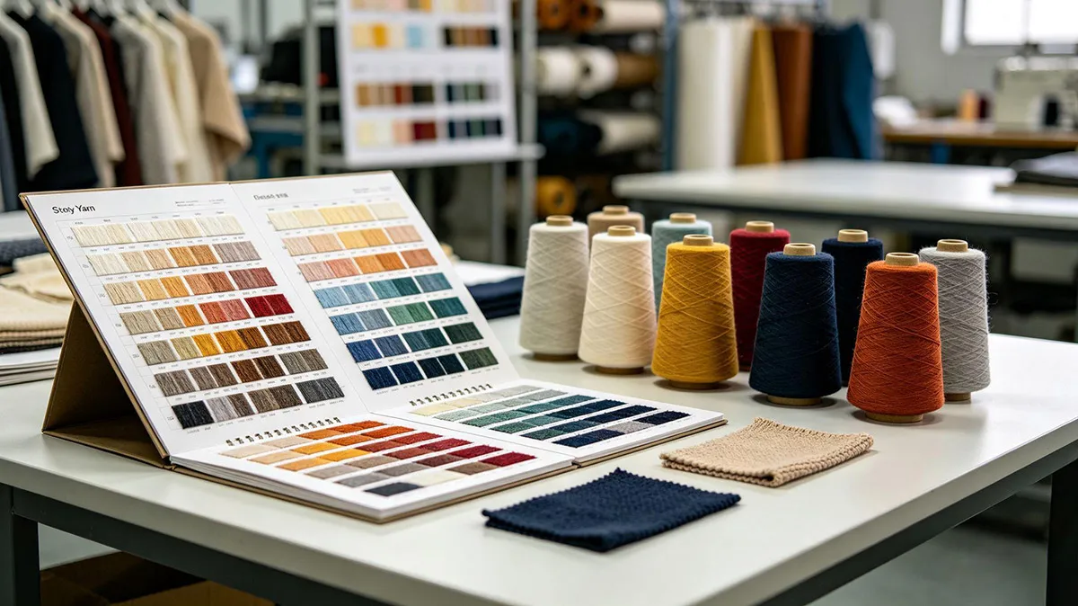Mill stock-supported yarn color cards and yarn cones for low MOQ sweater production